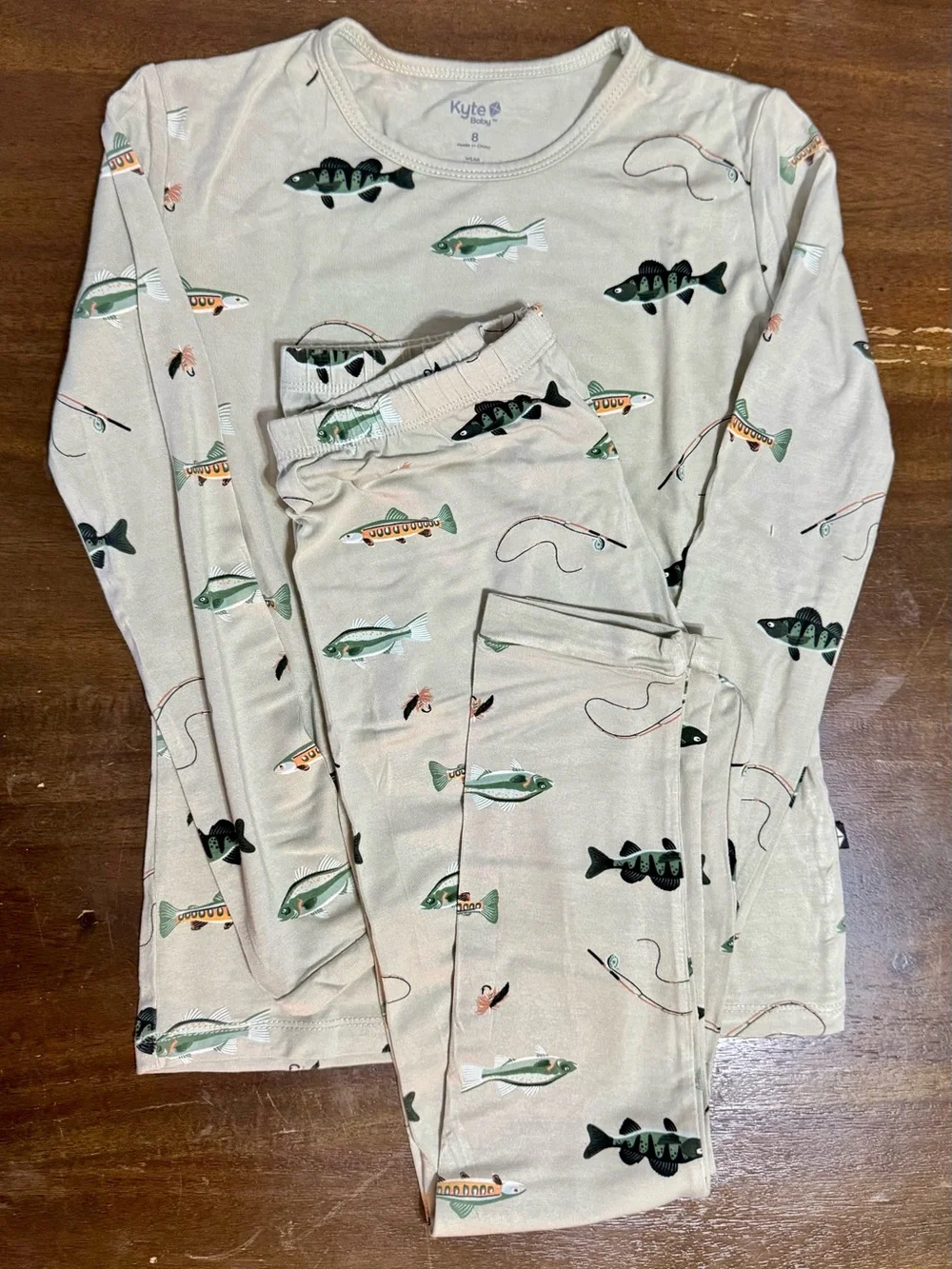 Kyte BABY Cream Long Sleeve Shirt with Fish & Fishing Rod Print